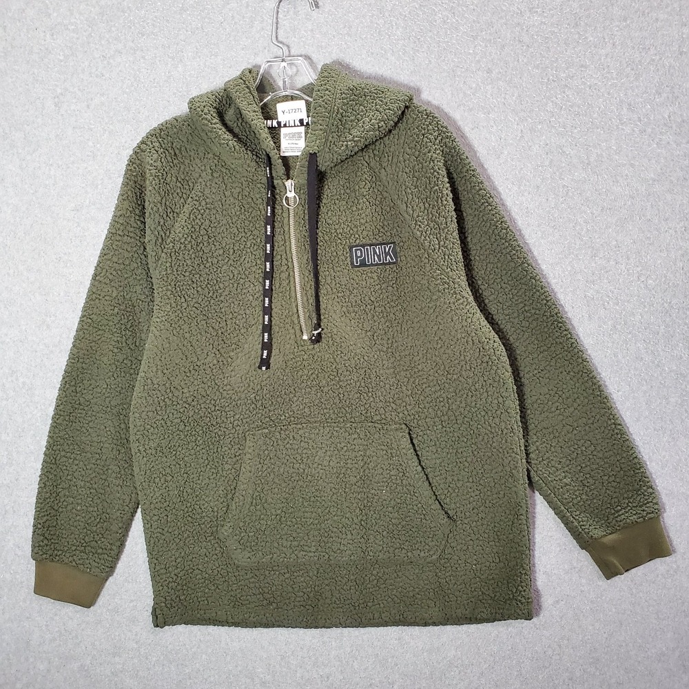 Pink Victorias Secret Men Sweatshirt Medium Olive‎ Sherpa Hoodie 1/4 Zip Logo